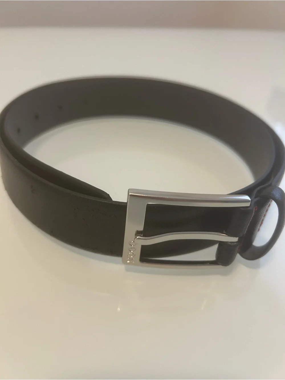 HUGO Black Leather Belt with Silver Buckle